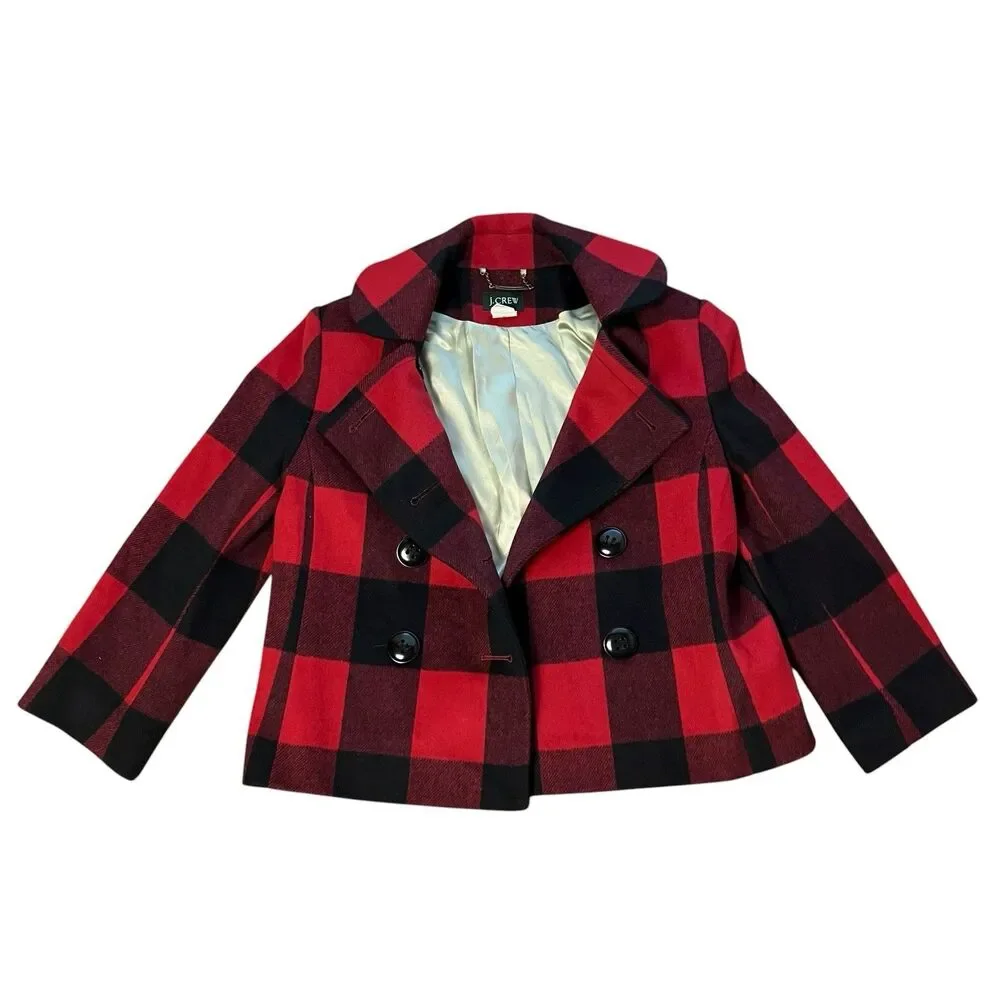 J Crew Womens 2 Red Black Buffalo Plaid Wool‎ Peacoat Fall Lumberjack - Picture 4 of 16